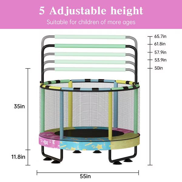 Hooseng 55" 7-in-1 Round Trampoline for Kids with Safety Enclosure Net, Indoor & Outdoor Toddler Trampoline with Adjustable Gymnastics Bar & Toys