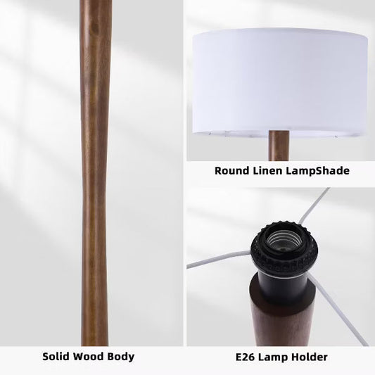 61" Modern Walnut Wood Column Floor Lamp with White Linen Drum Shade for Living Room, Bedroom, Office, Study, Hallway & Entryway