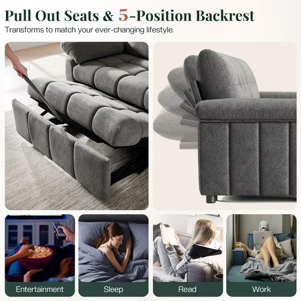 AMERLIFE Convertible Sofa Bed, 4-in-1 Couch with Pull-Out Sleeper, 5-Position Backrest, Tufted Chenille, Easy 10-Min Assembly