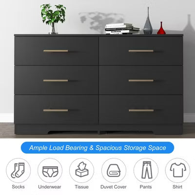 CIPACHO Black 6-Drawer Dresser with Gold Handles - Spacious Storage Chest (Bedroom/Living Room/Entryway)