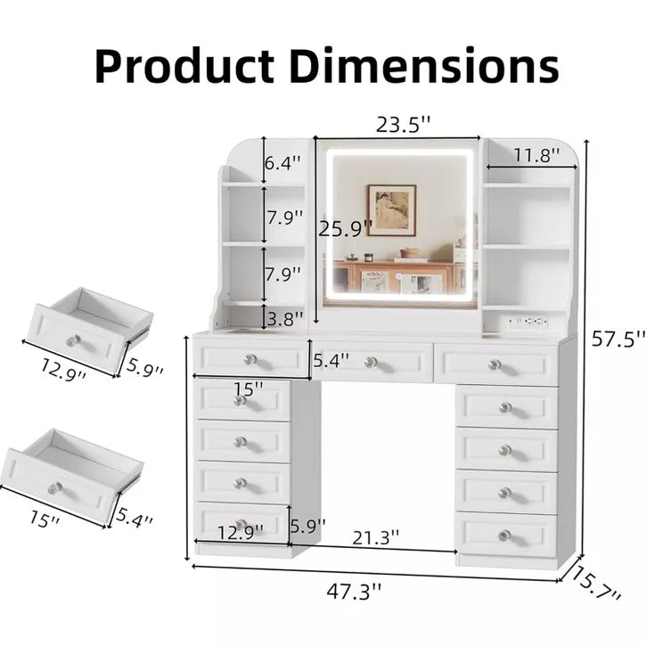 PAKASEPT 47"W Large Makeup Vanity Table with 11 Drawers, Glass Top Vanity Desk With Mirror and LED Lights, 7 Storage Shelves, Charging Station