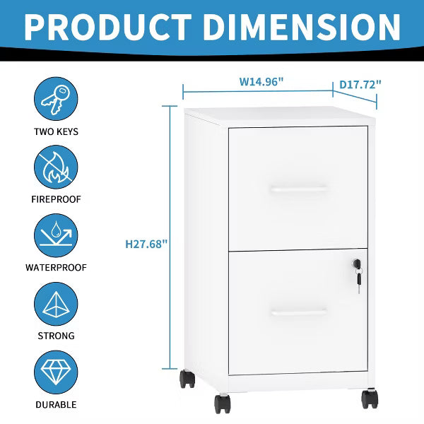 VIYET 25"H 2-Drawer Mobile Lockable File Cabinet,Metal Under-Desk Rolling Cabinet with Wheels,Fits Legal/Letter/A4 for Home Office (White)