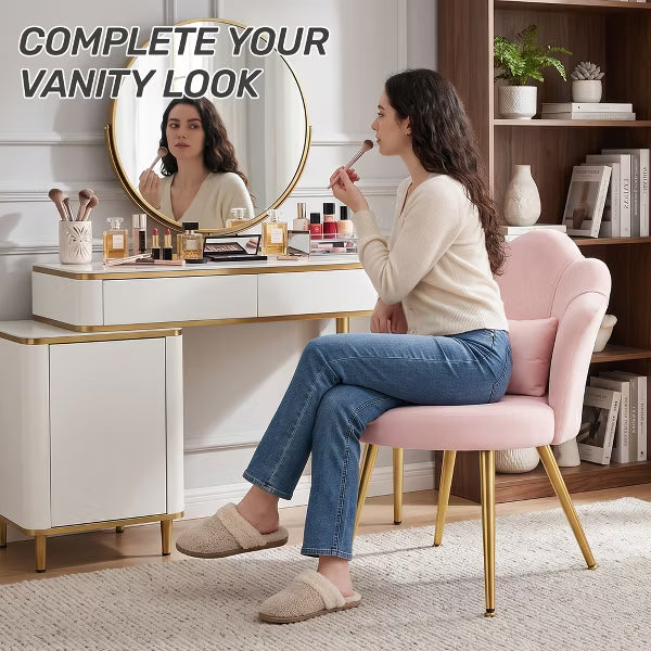 KERDOM Velvet Lounge Chair with Curved Back, Upholstered Vanity Seat with Gold Legs for Bedroom and Living Area,Pink