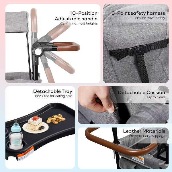 Folding Wagon Stroller for 2 Kids, Adjustable Handle, All-Terrain Shock-Absorbing Wheel, Detachable Tray, Diaper Bag