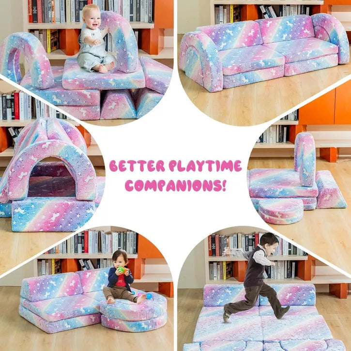 Hooseng 10Pcs Modular Kids Play Couch, Glow-in-The-Dark Convertible Play Fort Kids Sofa with Removable Cover for Playroom, Bedroom