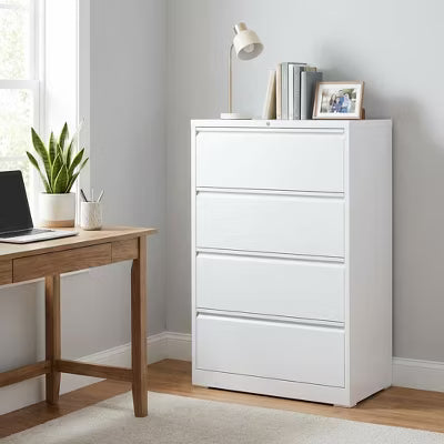 Munora - 4-Drawer Lateral File Cabinet with Lock - Wide Storage for Letter/Legal/A4 Files - White