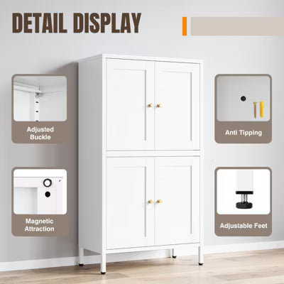 Mlezan 43" Metal Pantry Cabinet: White , 4 Doors, 2 Adjustable Shelves. Tall Storage for Kitchen, Living Room, or Dining Room, Home
