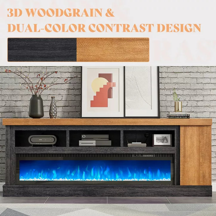 AMERLIFE 75" TV Stand with 60" Glass Electric Fireplace