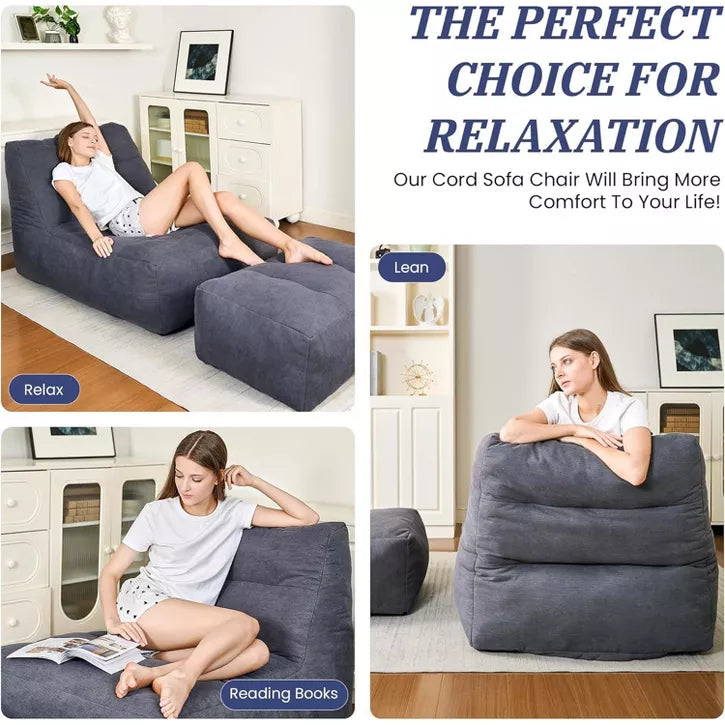 Hooseng Giant Bean Bag Chair with Ottoman, Lounge Beanbag Lounger with Pillow for Adults, Oversized Beanbag Lazy Floor Sofa for Living Room, Bedroom