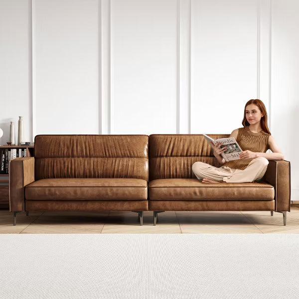 Luck Live Modern 86.61 inch Luxury Brown Oil Wax Leather Couch – High-End Vintage Sofa with Sturdy Frame and Cozy Feel.
