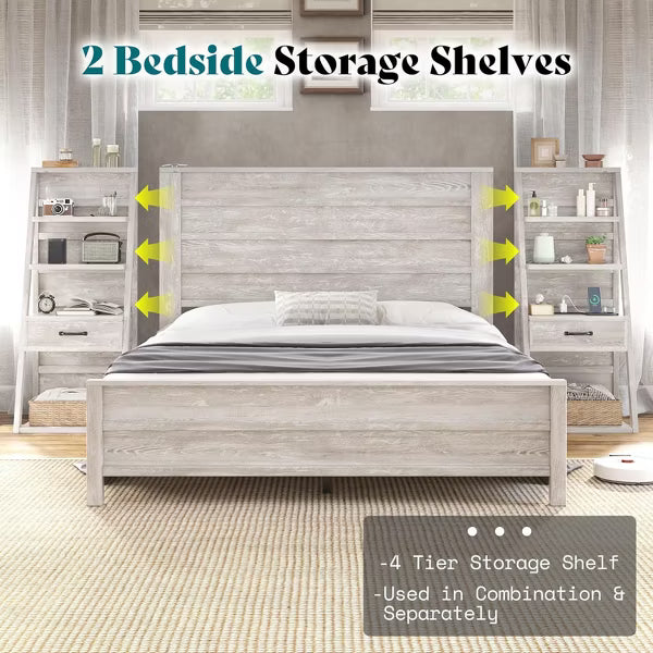 AMERLIFE Bed with Wide Headboard, 4-Tier Bookshelves, Charging Station & 2 Drawers
