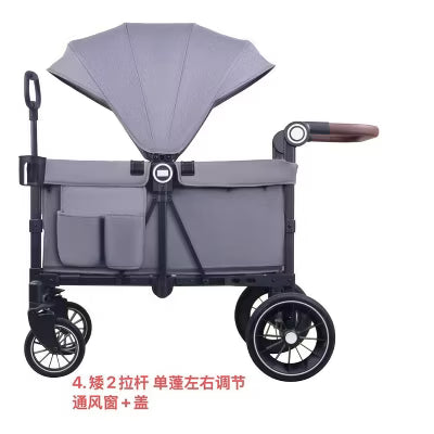 Kinder King All-Terrain Wagon Stroller for 2 Kids with Canopy, Shock-Absorbing Wheels, Leather Handle, Snack Tray & Storage, Gray