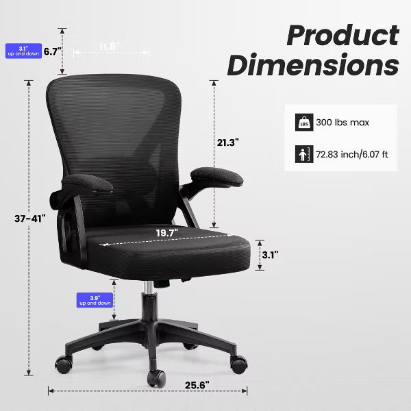 KERDOM Ergonomic Office Chair, Mesh Computer Desk Chair with Adjustable Back Lumbar Support and Armrests, Black