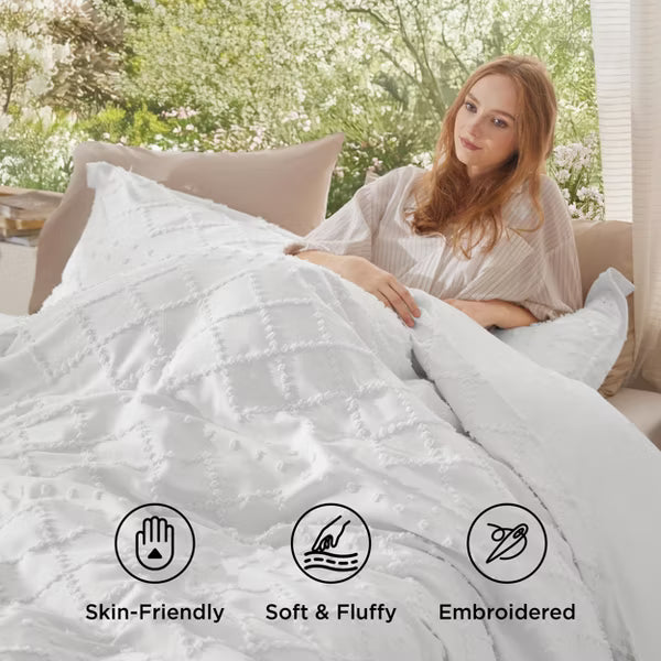 Duvet Cover Set Solid Embroidery 3Pcs King Size White - Bedsure
