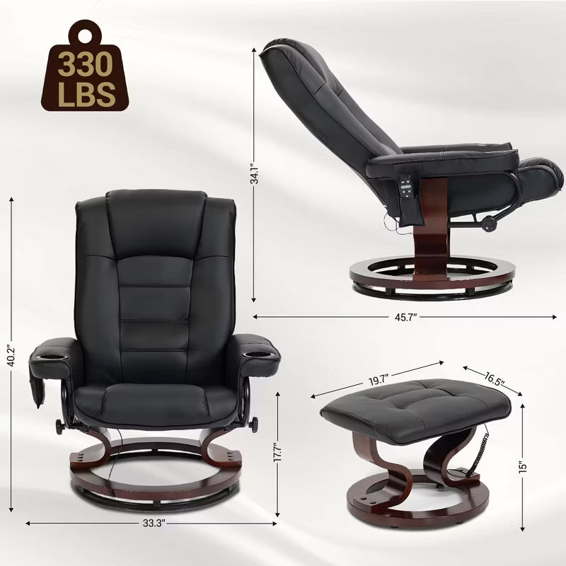 Bosmiller Massage Recliner with Ottoman Swivel Wood Base, Adjustable Recline, Faux Leather Lounge Chair with Footrest for Living Room and Bedroom