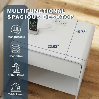 Resenkos Multi-Device Charging Station Nightstand, 2 USB Ports & 2 AC Outlets, Large Storage Drawer, Modern End Table, Black White