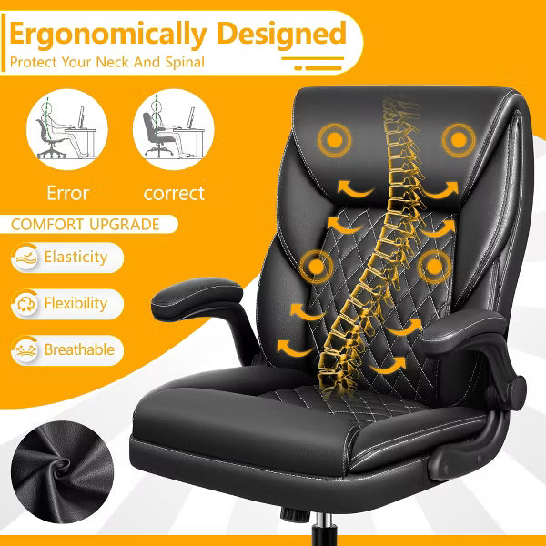 KERDOM Executive Office Chair, PU Leather Office Chair Upholstered, Adjustable Computer Task Chair With Tilt, Black
