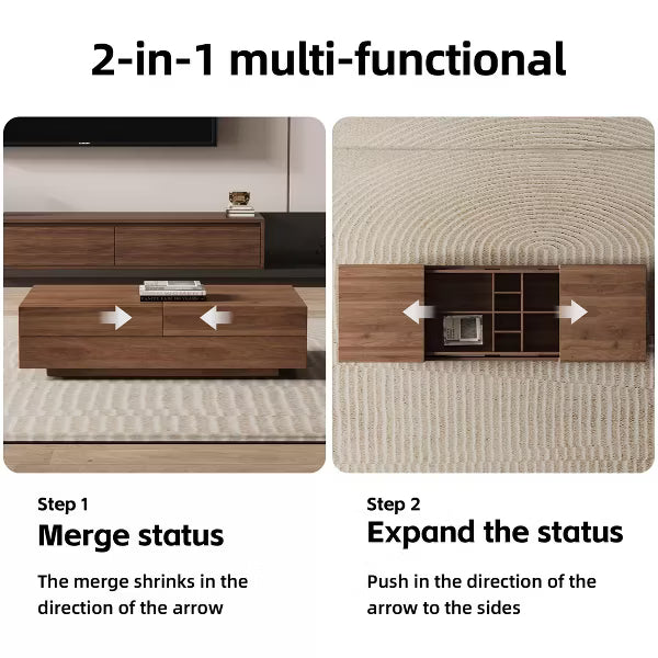 Luck Live Mid-Century Modern 39.4 in Living room retractable, pull-push square coffee table, with storage cabinet, walnut color