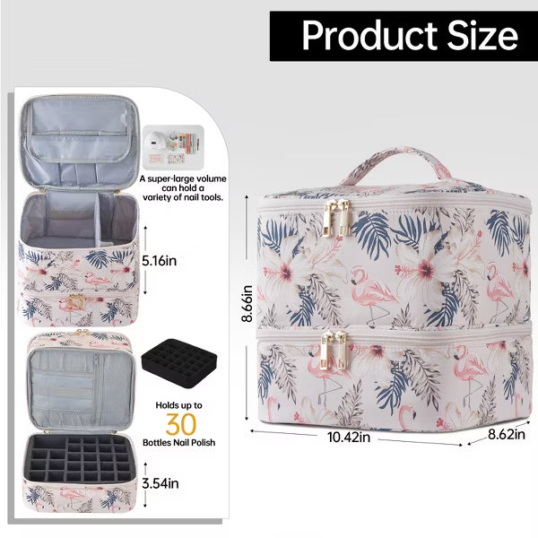 Double-Layer Nail Polish Organizer Bag, Holds 27 Bottles (15ML/0.5 FL.OZ or Larger), Nail Tools & Dryer Storage with Adjustable Dividers, Flamingo