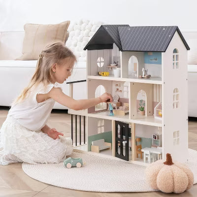 Kinder King Pretend Play Wooden Doll House Interactive Accessories, 3-Story Modern Toy Dollhouse Playset