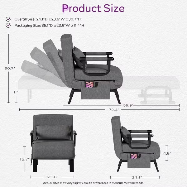 TYBOATLE Convertible Chair Bed Sleeper for Adults with 5-Position Adjustable Backrest & Pillow, Comfy Single Futon Sofa Bed for Apartment Office, Gray