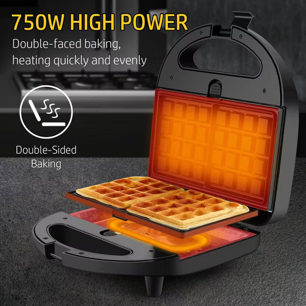 OSTBA 3-in-1 Sandwich Maker, Panini Press, Waffle Iron with 3 Removable Non-Stick Plates, 750W Toaster for Sandwiches, Grilled Cheese, Steak — Black