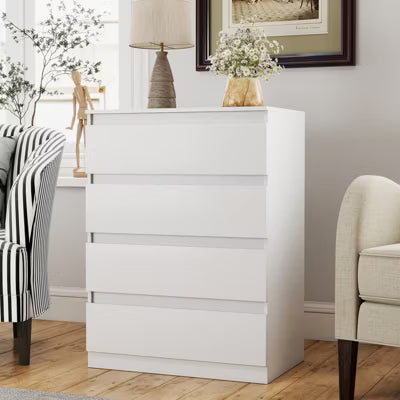 CIPACHO White 4-Drawer Handle-Free Dresser - Modern Wooden Tall Nightstand for Bedroom