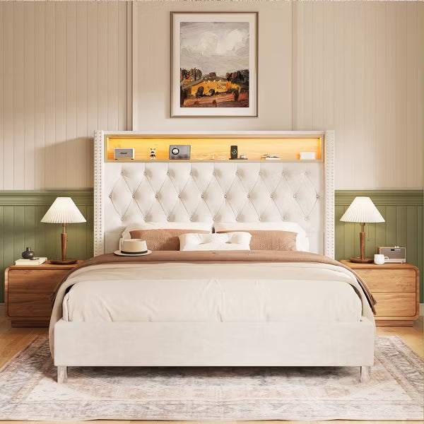 LED Bed Frame,Charging Station and Storage Upholstered Headboard,Velvet.