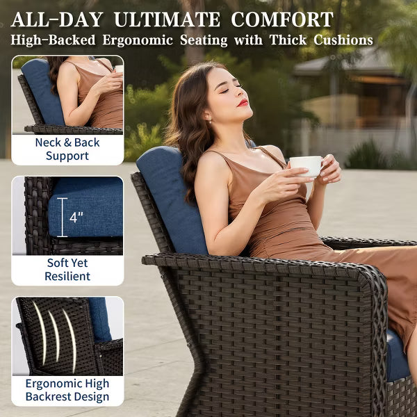 SUGOLD 5-Piece Wicker Patio Conversation Set with 3-Seat Sofa, 2 Swivel Rocking Chairs and 2 Ottomans, Blue Cushions