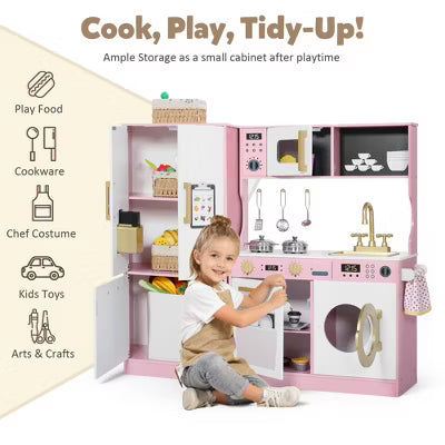 TODECARE Wooden Play Kitchen for Kids with Ice Maker, Freezer and Washing Machine, Gift for Boys and Girls Age 3+