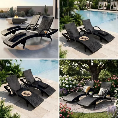 Black 80" Outdoor Wicker Chaise Lounge Chairs Set of 2 with Pull-Out Side Table, 5-Level Adjustable Backrest, Durable Wicker & Sturdy Steel Frame