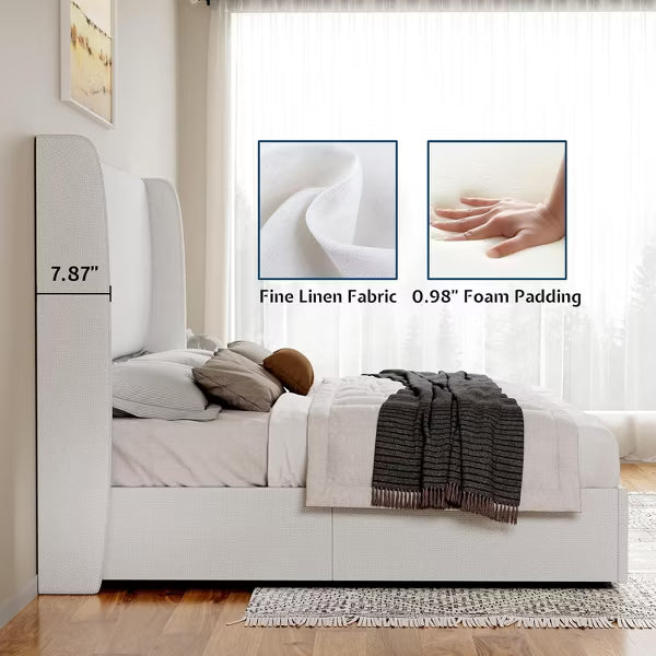 King Bed Frame with Lift Up Storage,Linen Upholstered Platform Bed,Wingback Headboard,White