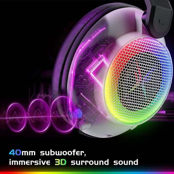 Tri-mode gaming headset, over-ear design, RGB lighting, noise cancellation, long battery life, multi-device compatibility.