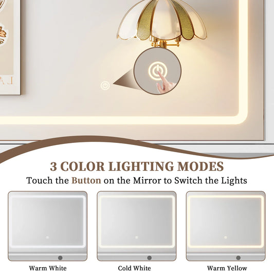 HSUNNS Large Vanity Desk with Mirror and Lights, Farmhouse Vanity Sets with Upholstered Stool, Makeup Table with Storage Cabinet and Drawers, Sliding Mirror, Charging Station, White