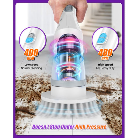 Electric Spin Scrubber, Cordless Cleaning Brush with 6 Replaceable Brush Heads and 2H Power Dual Speed, Adjustable & Detachable Long Handle, Shower Scrubber for Bathroom Tub Tile Floor Car,W-White