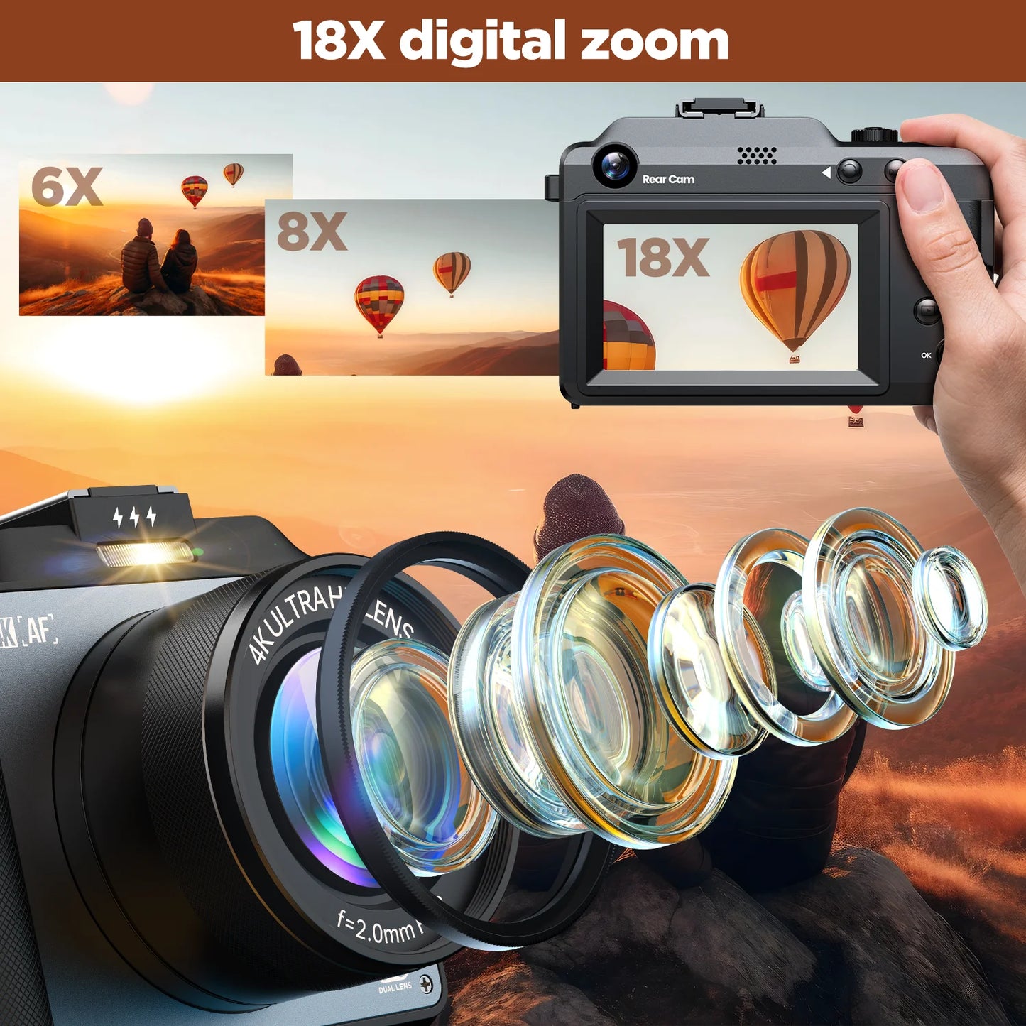 Campark 64MP Digital Camera 4K Video with 18x Zoom, 64GB Card for Beginners