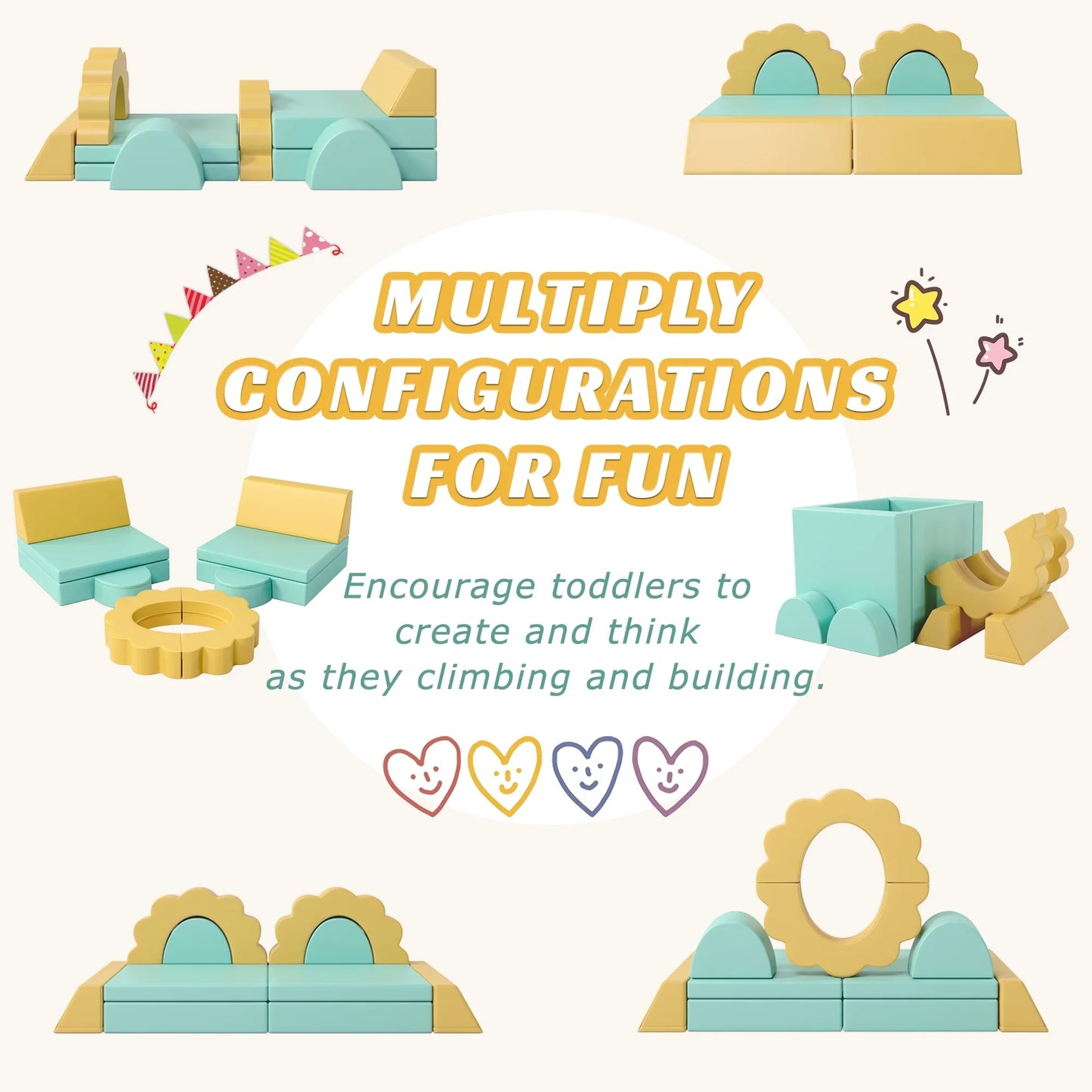 10PCS Modular Kids Play Couch for Playroom, Convertible Toddler Sofa with Foam Climbing Blocks, Non-Slip Design, Indoor Creative Play Set for Crawling, Fort Building & Safe Play, Mint Green