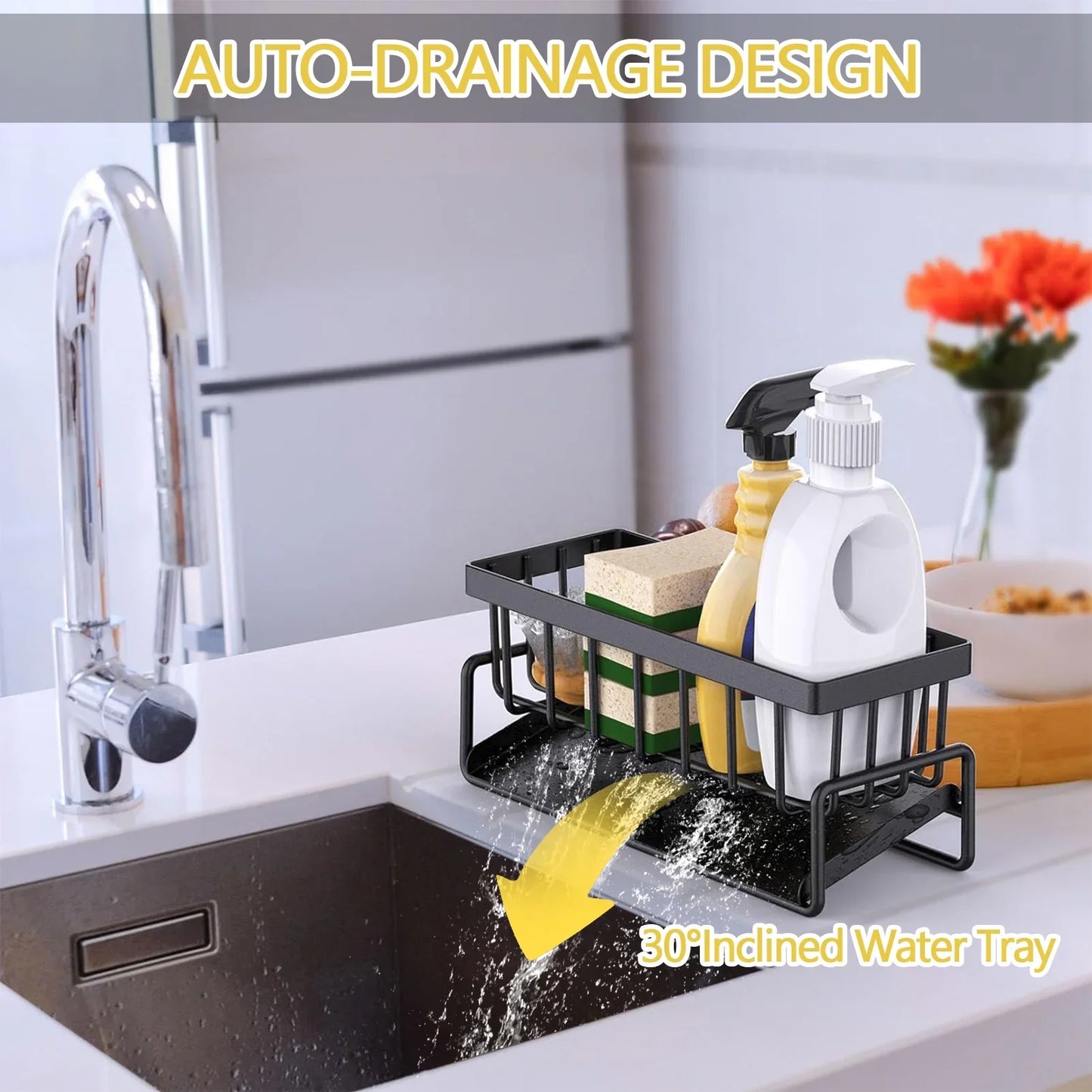 Aovky Sponge Holder for Kitchen Sink, Self Drain Kitchen Sink Caddy Organizer, Sponge Holder with Removable Dishcloth Rack, Soap Dispenser Brush Holder Storage for Bathroom and Counter, Black