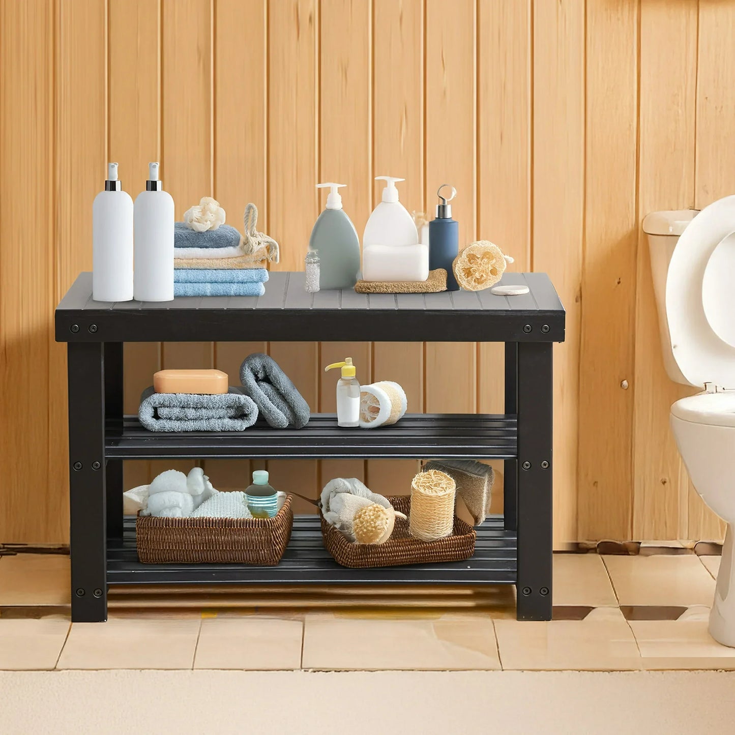 ZUNMOS 3-Tier Bamboo Shoe Rack Bench, 11.3 x 27.6 x 17.8 Inches Compact Storage Organizer with 286lb Capacity for Entryway, Bedroom and Living Room, Black