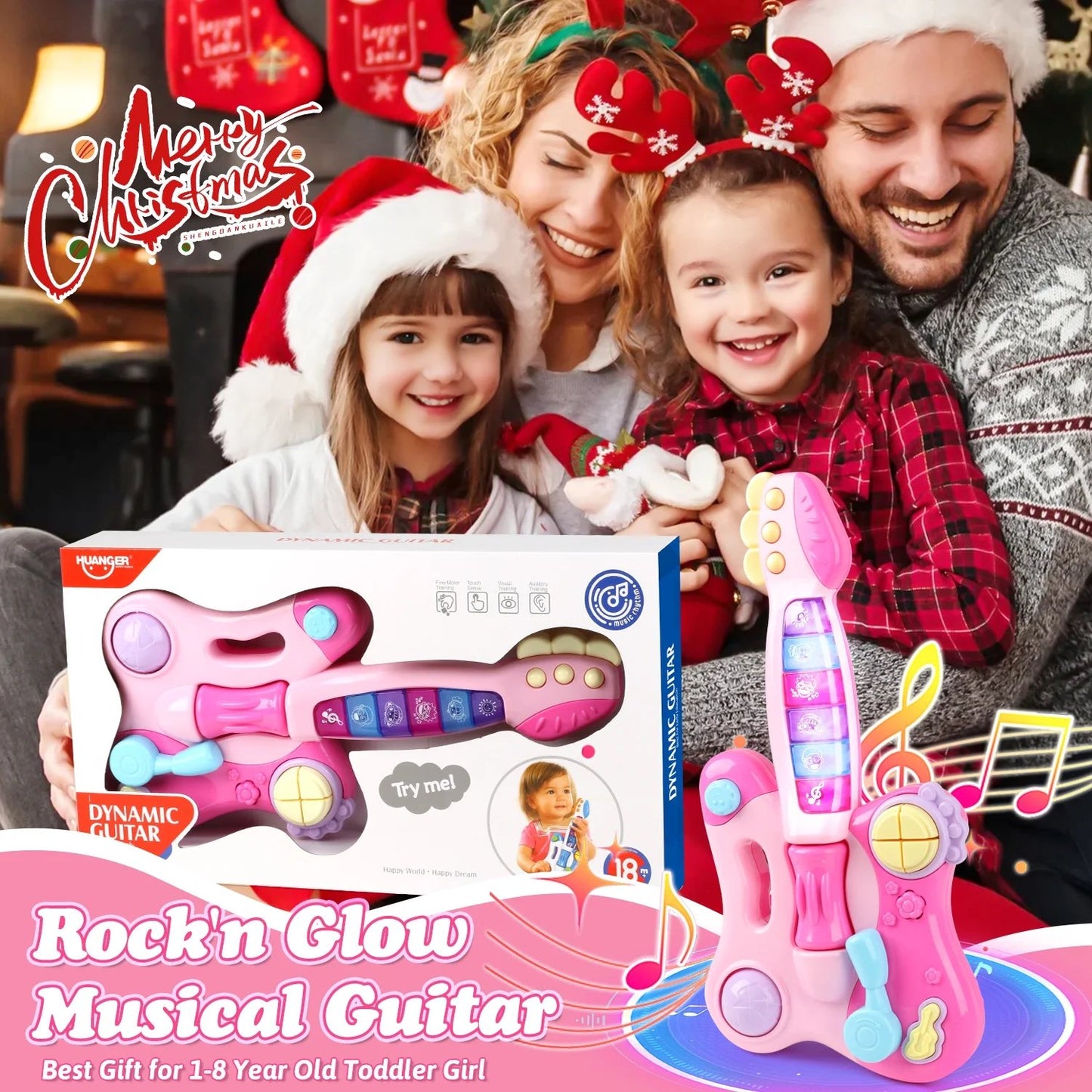 JUGAAD LIFE Toy Electric Guitar for Girls Boys, Kids Guitar with Music & Colorful Light, Musical Instrument Toys for Toddlers 2 3 4 5 6 years Old - Pink