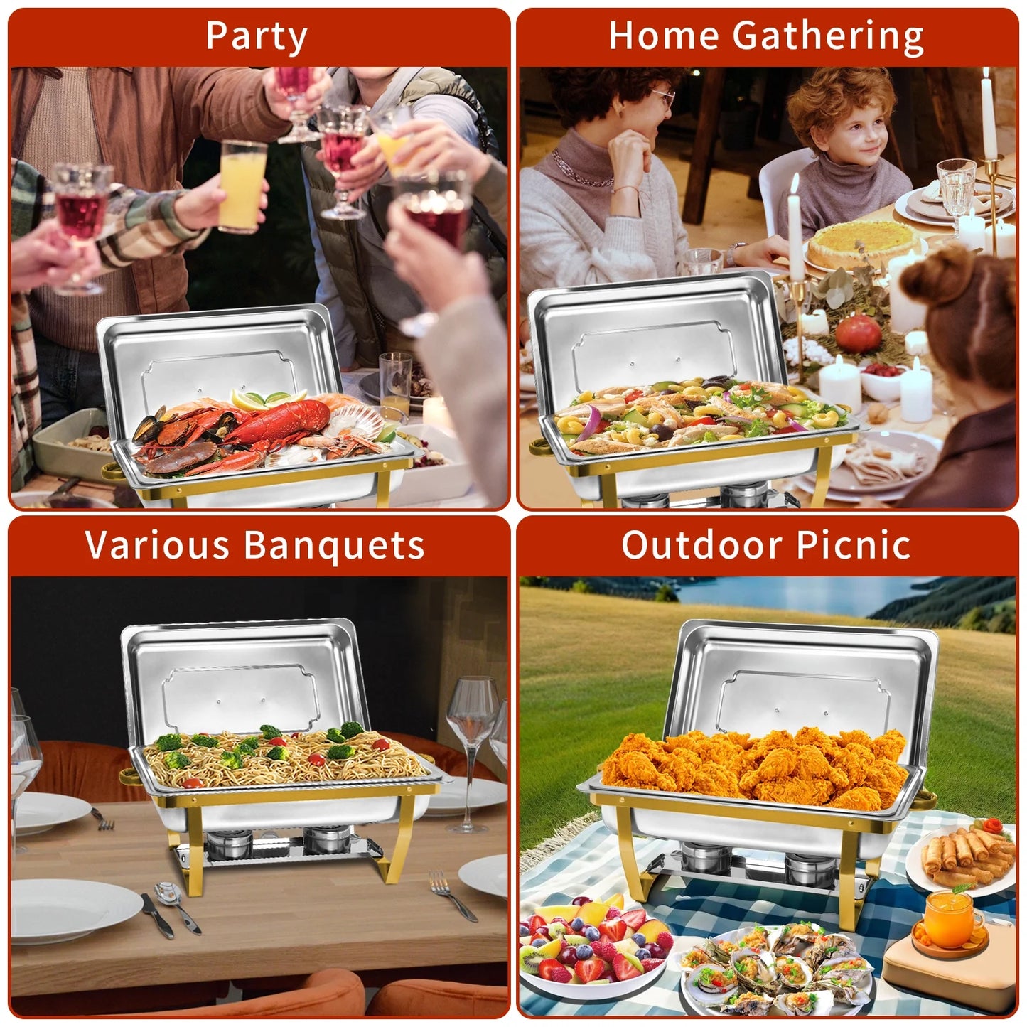 PRIJESSE Chafing Dishes for Buffet 4 Pack,9QT Elegant Gold and Silver Colors Stainless Steel Chafing Dish Buffet Set Chafers and Buffet Warmers Sets for Any Party with Complete Set