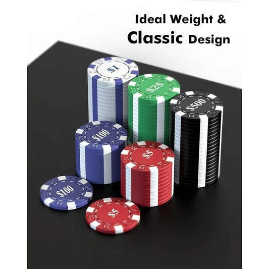 HEITOK Professional 300 Piece Casino Poker Chips Set with Denominations, 11.5g Weighted Chips + 5 Dice + 2 Decks in Travel Friendly Aluminum Case for Blackjack Texas Hold'em