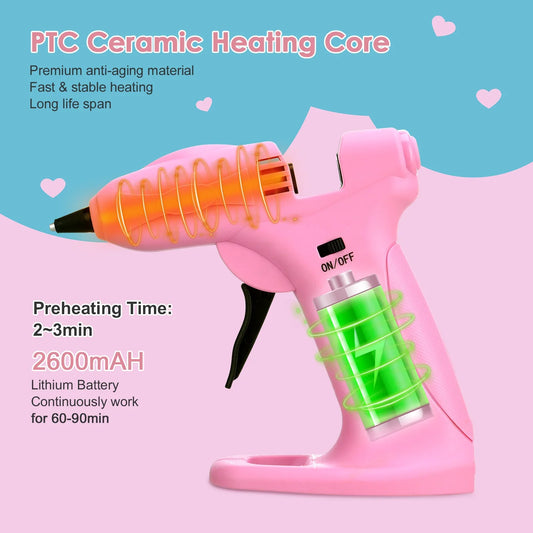 Uarter Hot Glue Gun Cordless Full Size 2600mAh USB Rechargeable LED Digital Hot Melt Glue Tool with Stand, 30 Glue Sticks 6 Finger Protectors Pink