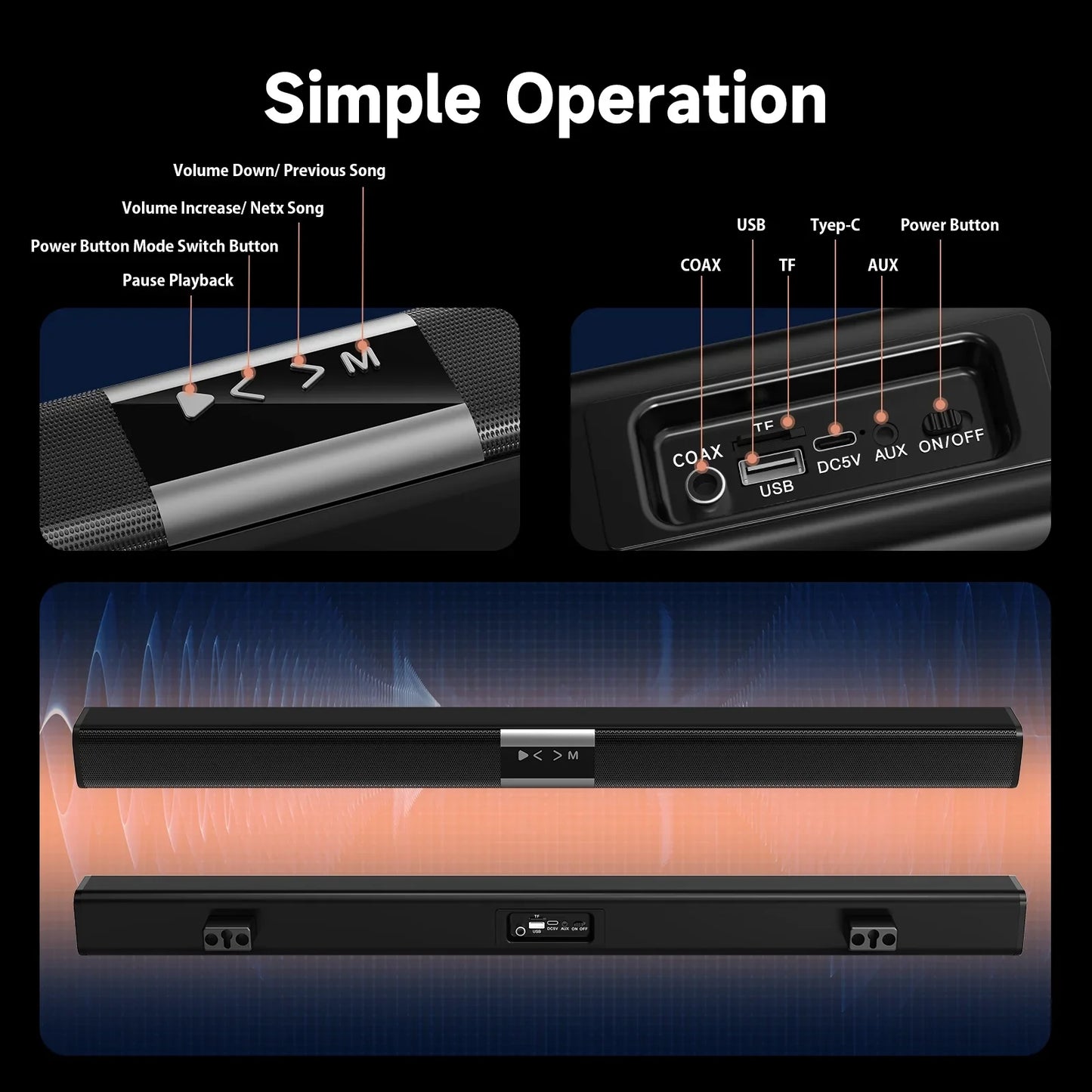35.24" Soundbar for TV, 50W Wireless Soundbar with Subwoofer and Surround, Bluetooth 5.3 Home Theater TV Audio Speaker, USB/TF Card/AUX/Coaxial Connection, Wall Mountable