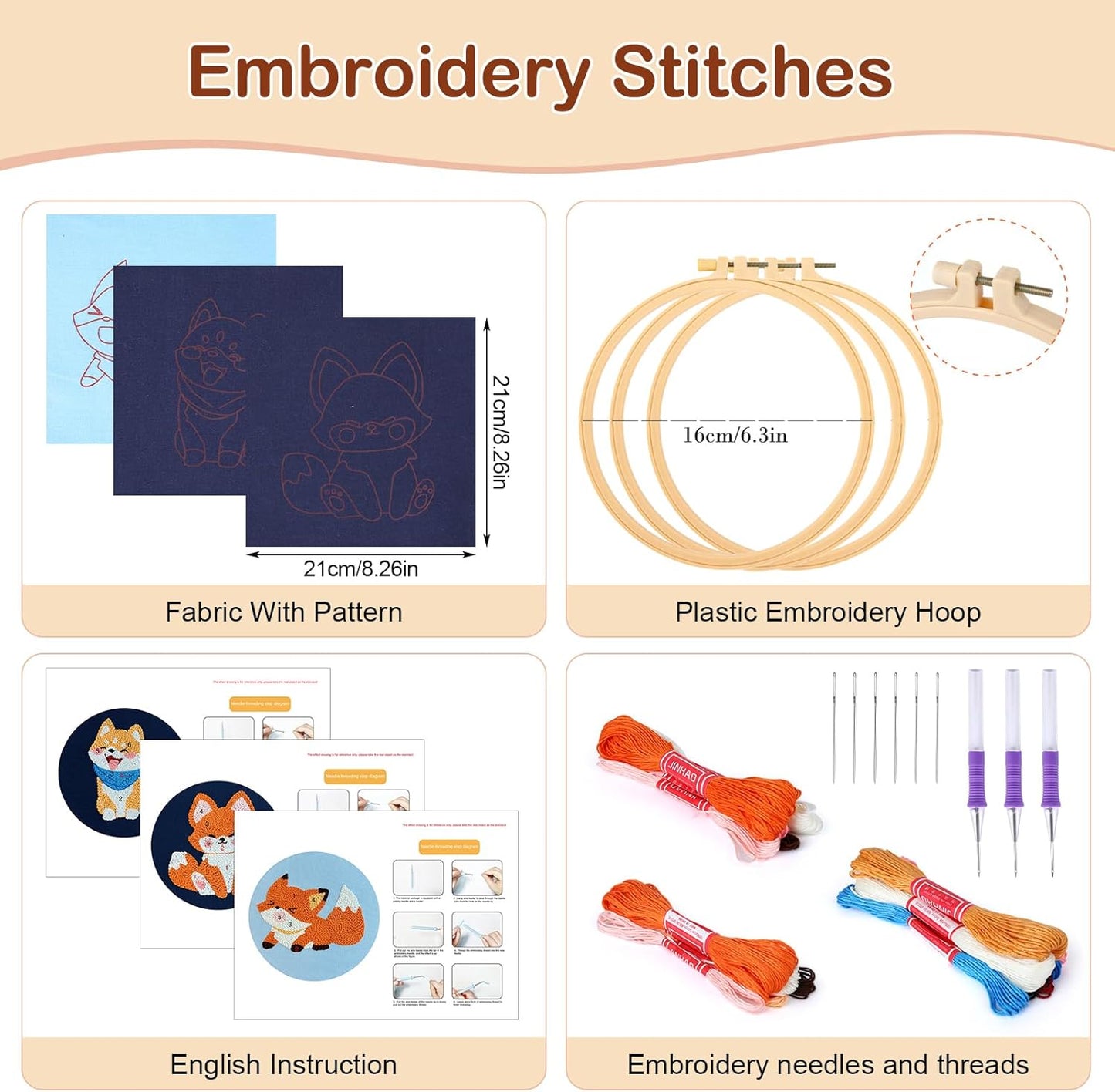 3 Pack Punch Needle Embroidery Kit for Beginners, Rug Hooking Starter Kit with Fox and Dog Pattern Stamped Cloth 3 Embroidery Hoops Woolen and Punch Needle, DIY Handicraft Crafts Kit