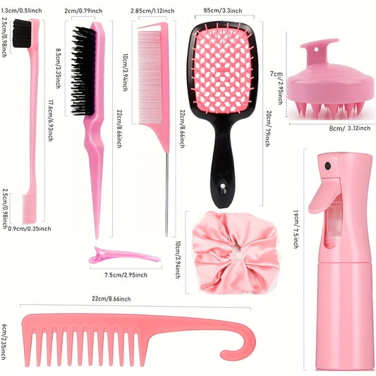 12pcs/Set Hair Styling Comb Set, Detangling Hair Brush For All Hair Types, Detangler Brush Teasing Hair Brush Rat Tail Comb Edge Brush, Silicone Scalp Massager Shampoo Brush For Shower-Pink