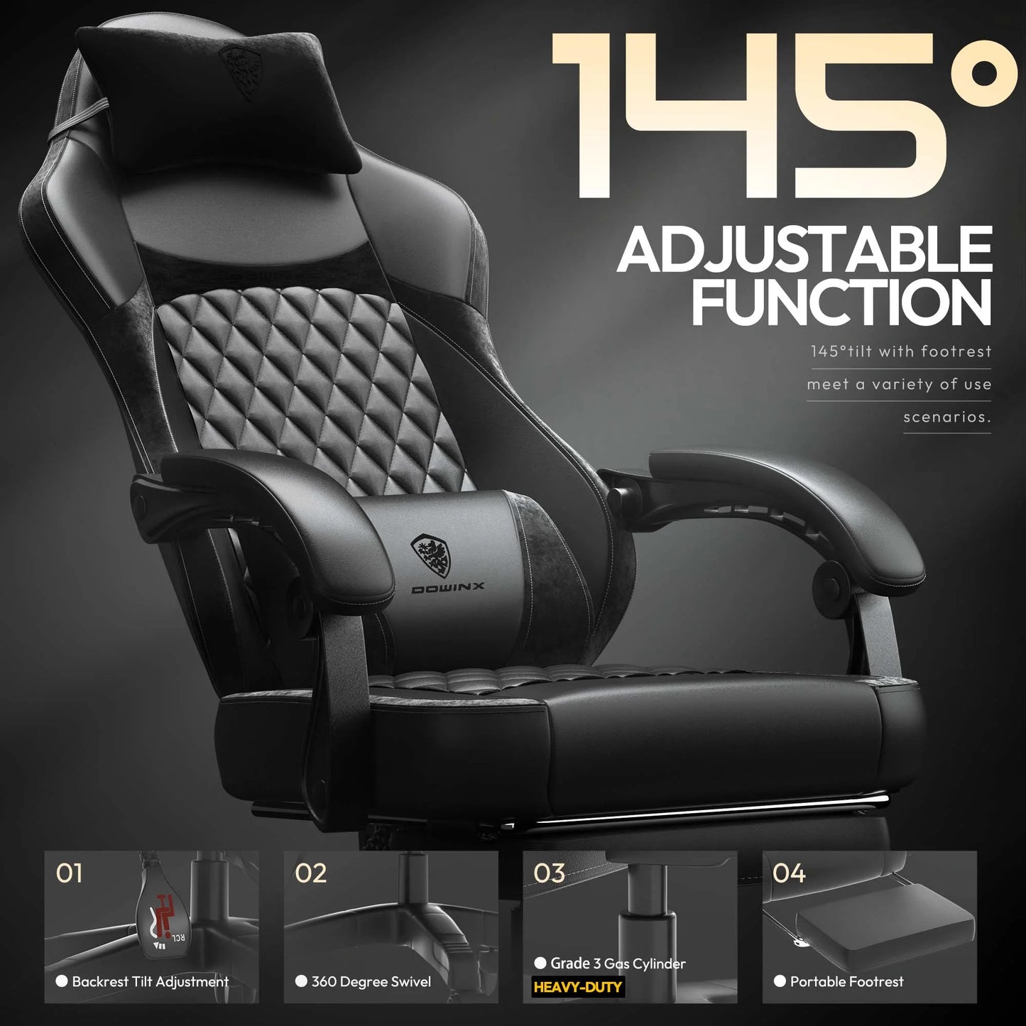 Dowinx Ergonomic Gaming Chair with Pocket Spring Cushion & Massage Lumbar Support High Back Office Computer Chair with Footrest for Adults, 300LBS Capacity, Leather Design, Black