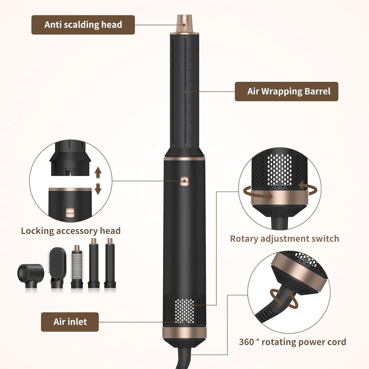 5 in 1 Hair Dryer Brush Hot Air Curling Brush Negative Ion Air Styler,Multi Function Blow Dryer Brush with Curling Wand, Straightening Brush, and Volumizing Hot Air Brush for All Hair Types(Black)