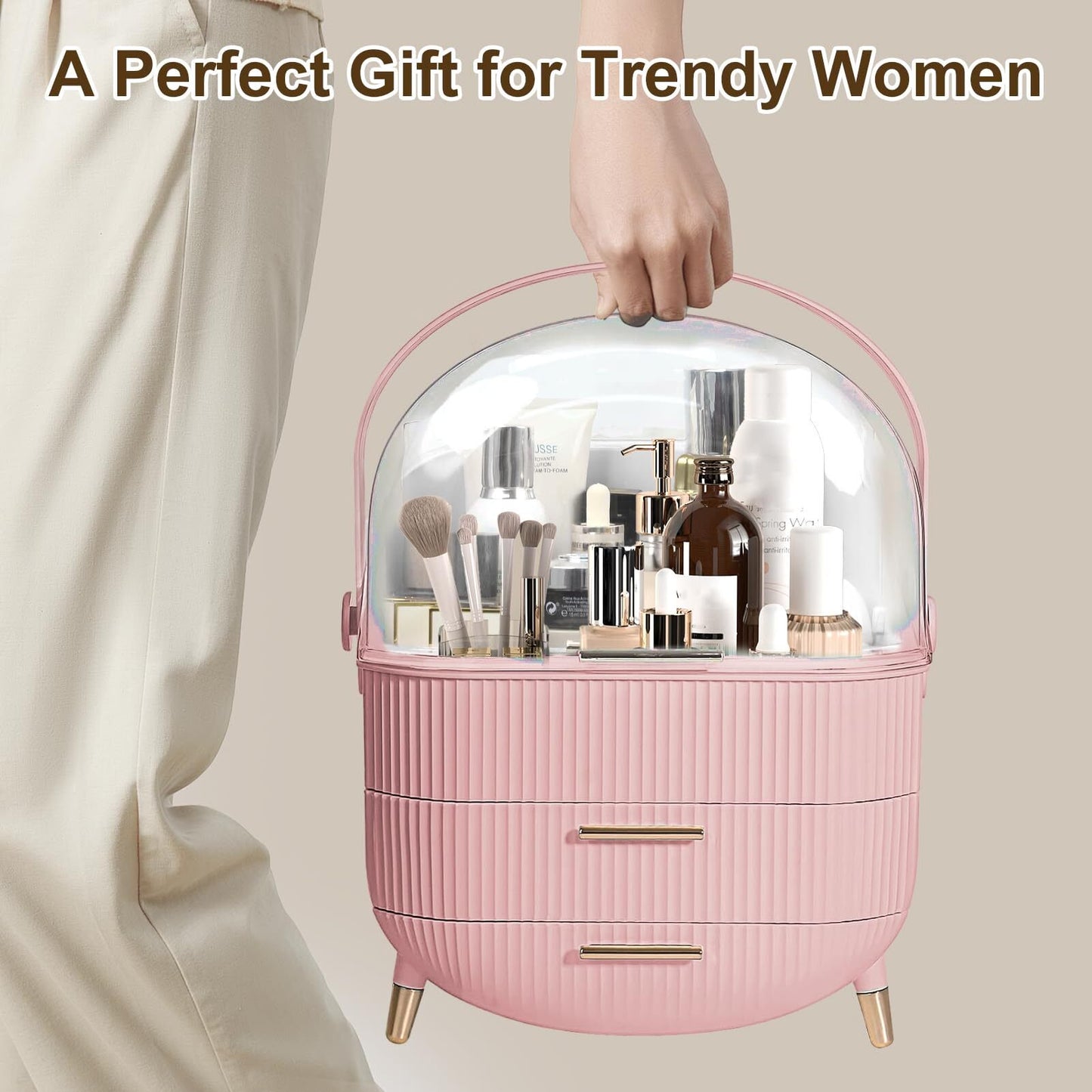 Makeup Organizer for Vanity, Make up Organizers and Storage, Cosmetics Skincare Organizers with Lid and Drawers, Cosmetic Display Cases for Countertop, Bathroom, Dresser, Ideal Gifts for Women(Pink)