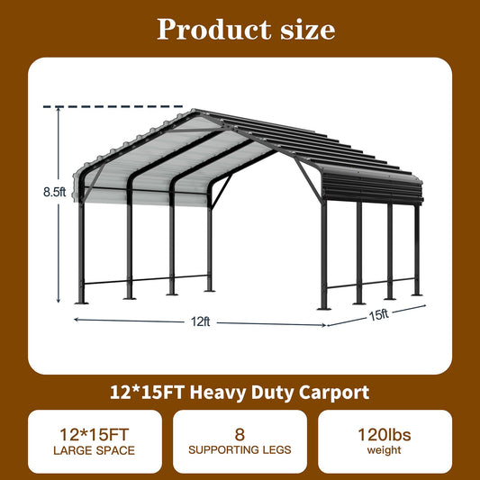 Carpet 12' x 15' Metal Carport, Heavy Duty Carport with Steel Panels for Car,and Frame Metal Carport Upgraded Extra Large Garage